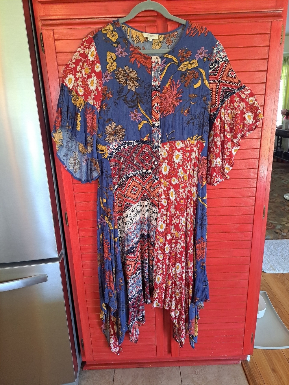 Umgee Blue Floral Patchwork Button-Front Dress Maxi Festival Vacation Rayon